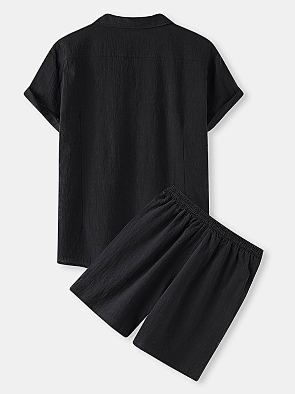 Men's Cotton Linen Casual Set – Solid Color Short-Sleeve T-Shirt & Shorts