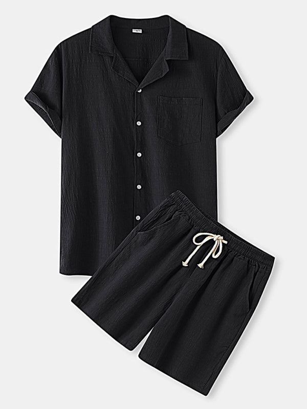 Men's Cotton Linen Casual Set – Solid Color Short-Sleeve T-Shirt & Shorts