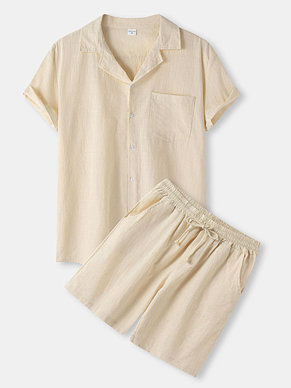 Men's Cotton Linen Casual Set – Solid Color Short-Sleeve T-Shirt & Shorts