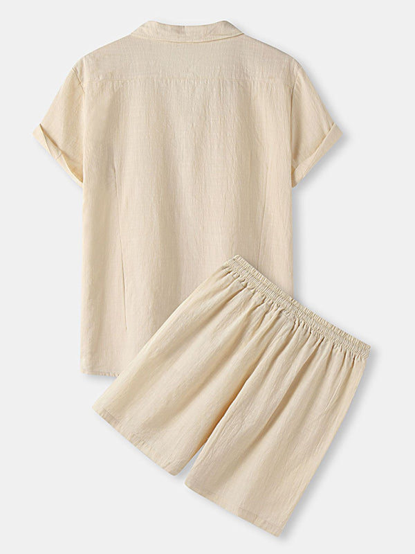 Men's Cotton Linen Casual Set – Solid Color Short-Sleeve T-Shirt & Shorts