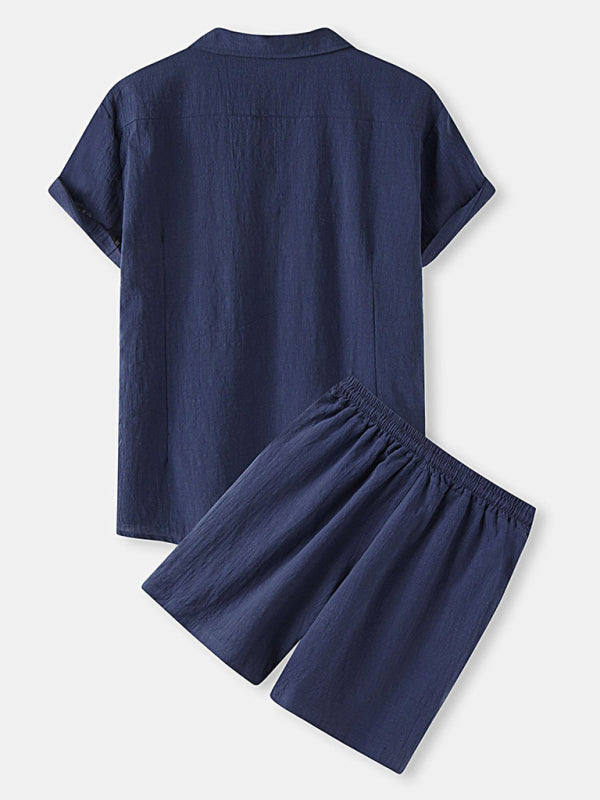 Men's Cotton Linen Casual Set – Solid Color Short-Sleeve T-Shirt & Shorts