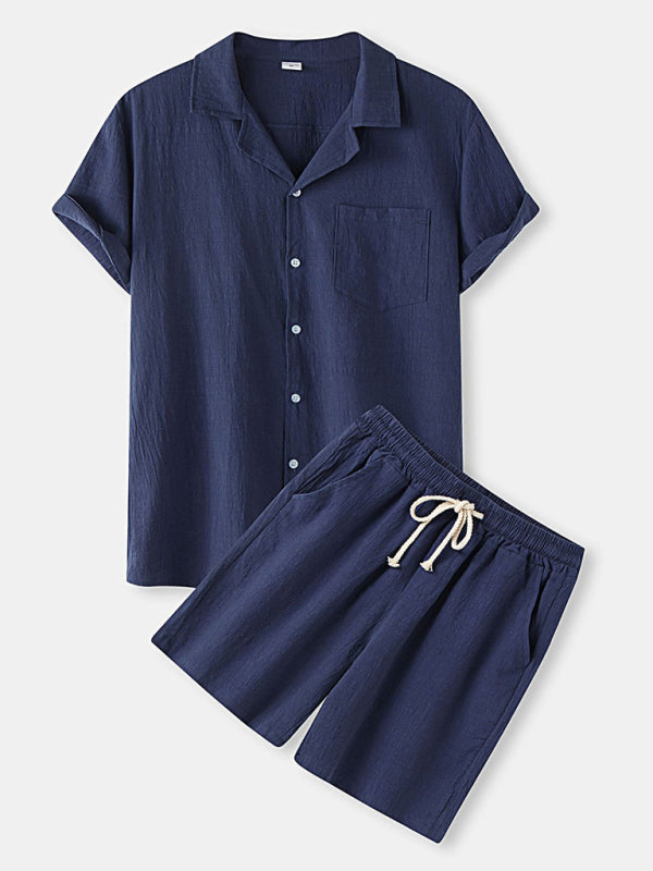 Men's Cotton Linen Casual Set – Solid Color Short-Sleeve T-Shirt & Shorts