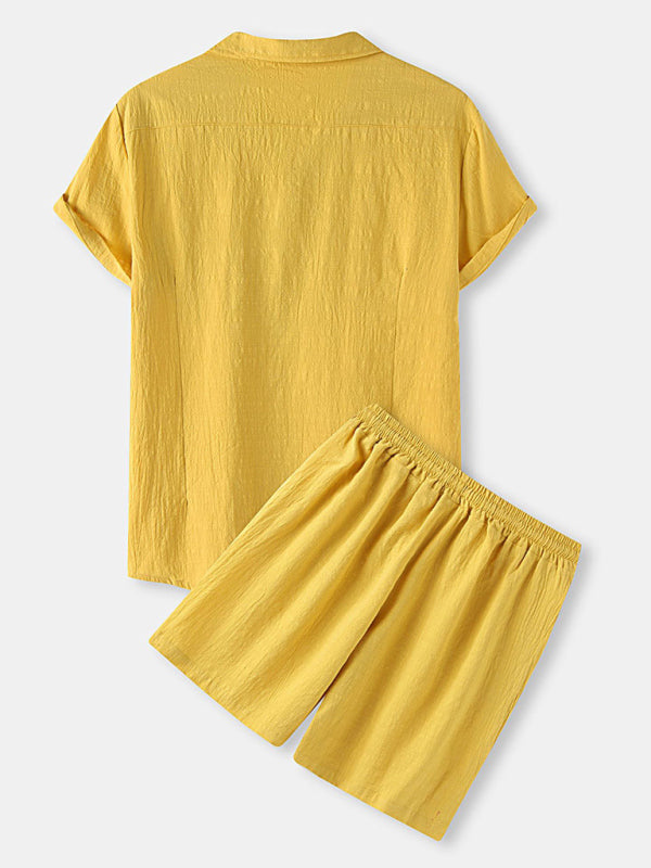Men's Cotton Linen Casual Set – Solid Color Short-Sleeve T-Shirt & Shorts