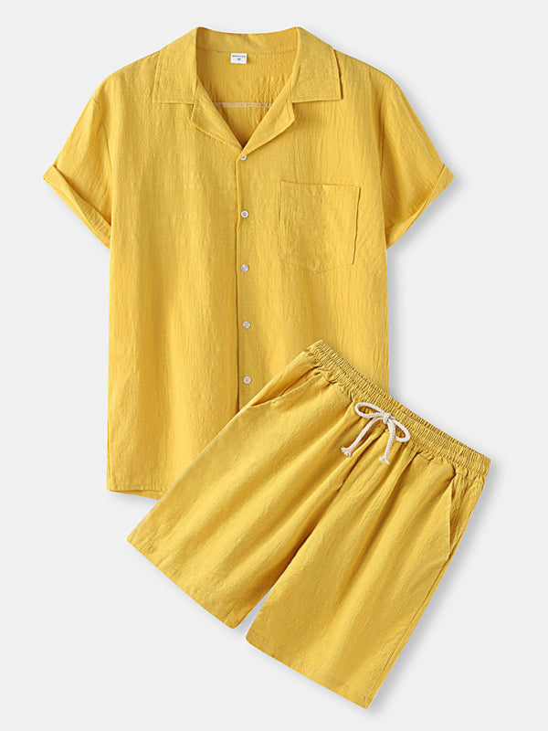 Men's Cotton Linen Casual Set – Solid Color Short-Sleeve T-Shirt & Shorts
