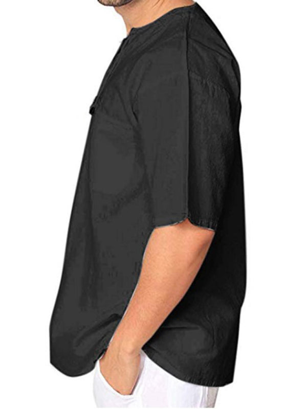 New Men's Short Sleeve T-Shirt Cotton Linen Tie Collar Casual Men's T-Shirt Shirt - Hiccupzz