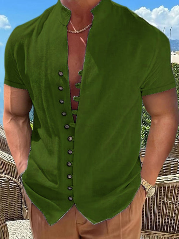 New Vintage Button Stand Collar Short Sleeve Shirt - Hiccupzz