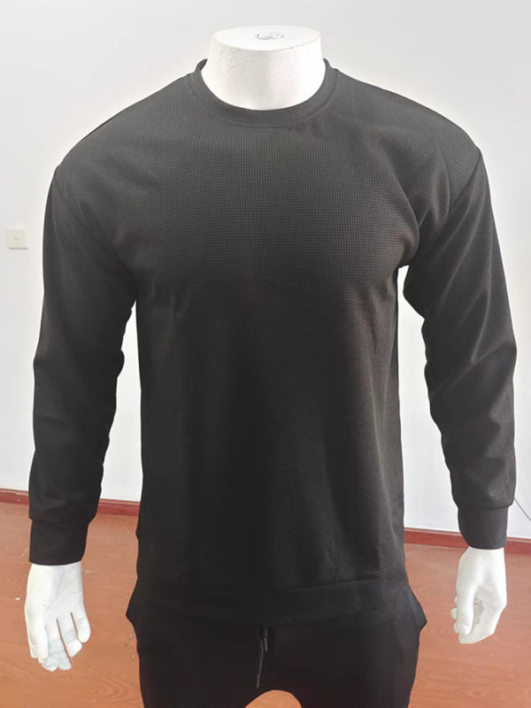New men's solid color waffle all-match thin round neck long-sleeved sweater - Hiccupzz