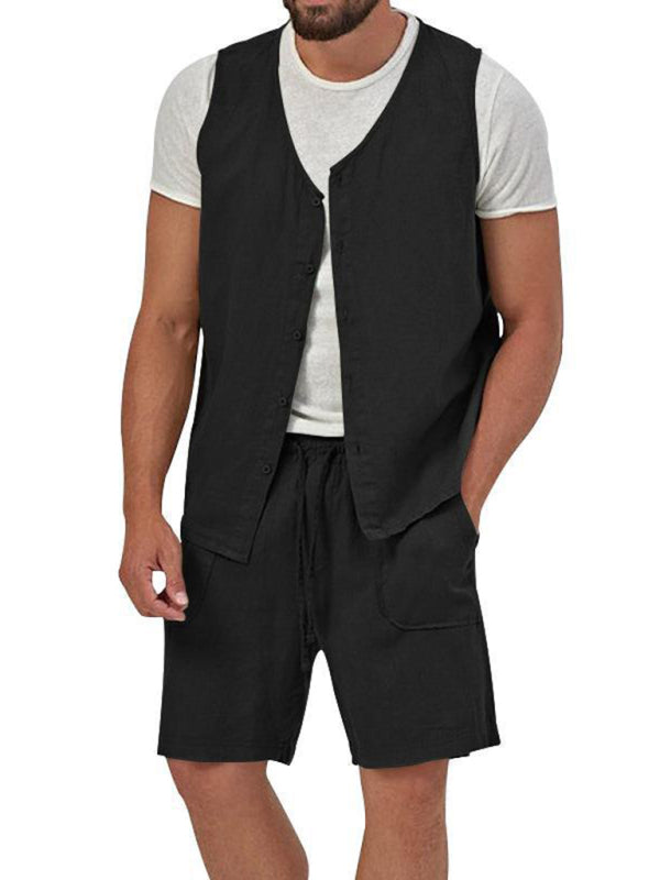 Men's two-piece vest shorts casual sleeveless cardigan suit - Hiccupzz
