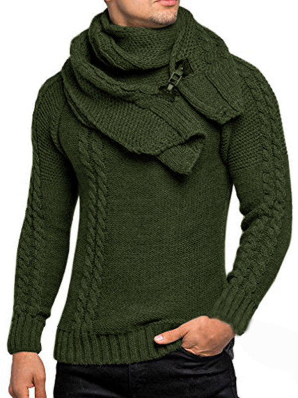 Men's fashionable scarf pullover solid color twist knitted sweater top - Hiccupzz