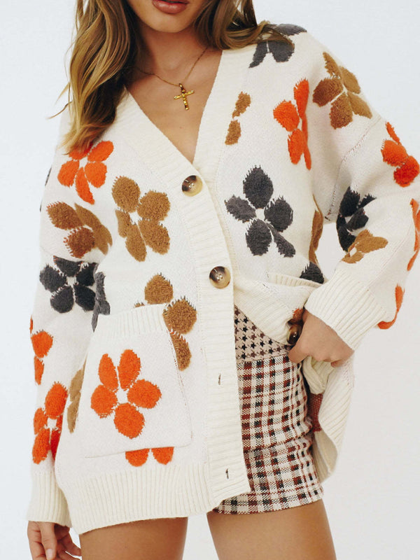 Women’s V Neck Front Button Color Flowers Print Sweater - Hiccupzz