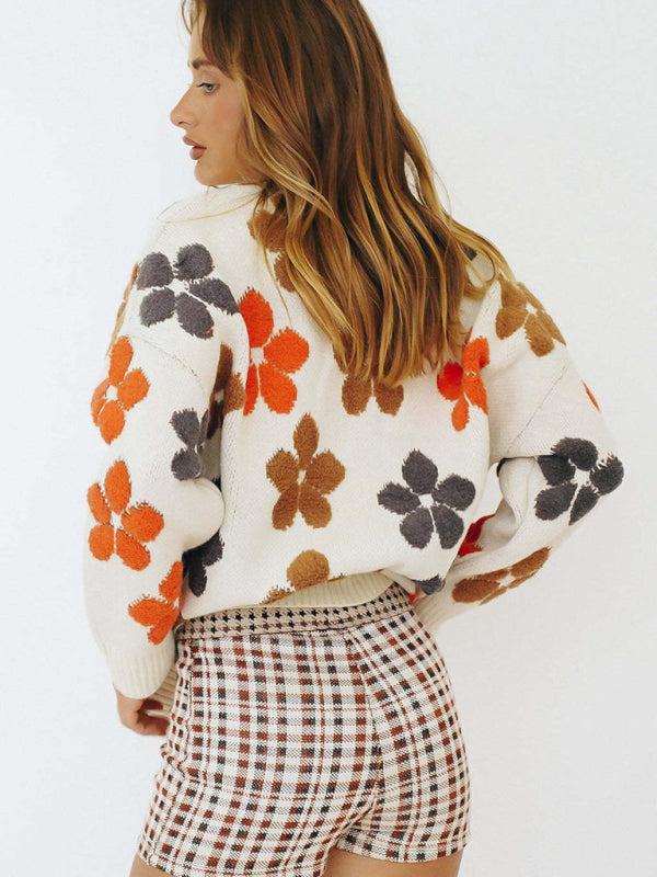 Women’s V Neck Front Button Color Flowers Print Sweater - Hiccupzz