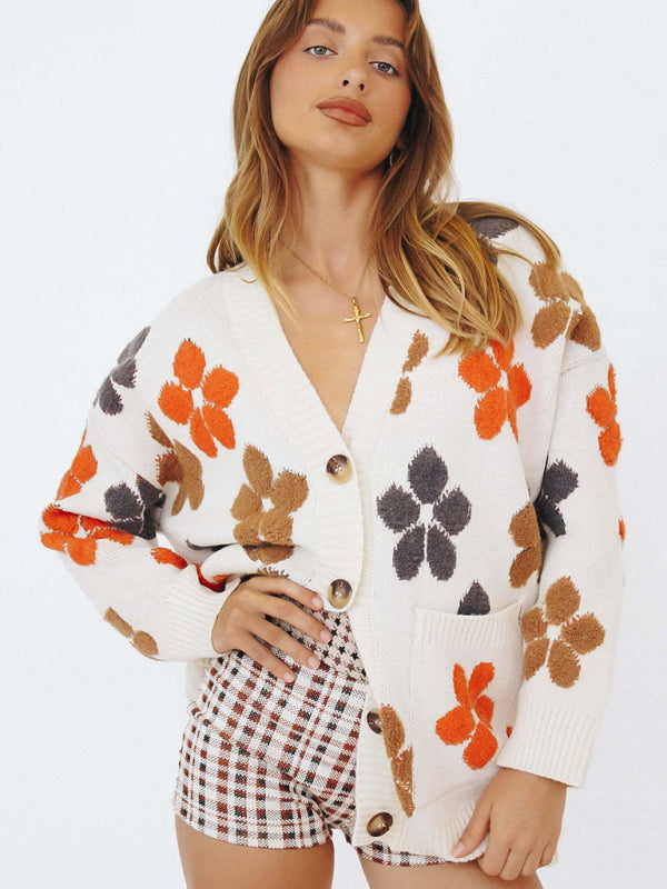 Women’s V Neck Front Button Color Flowers Print Sweater - Hiccupzz