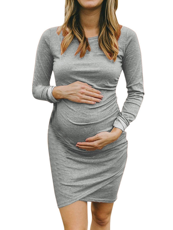 Round neck long sleeve solid irregular pregnant women's dress - Hiccupzz