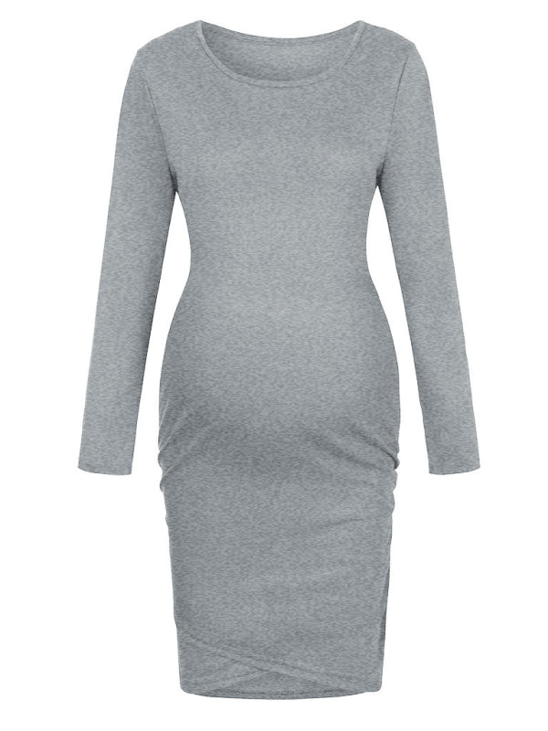 Round neck long sleeve solid irregular pregnant women's dress - Hiccupzz