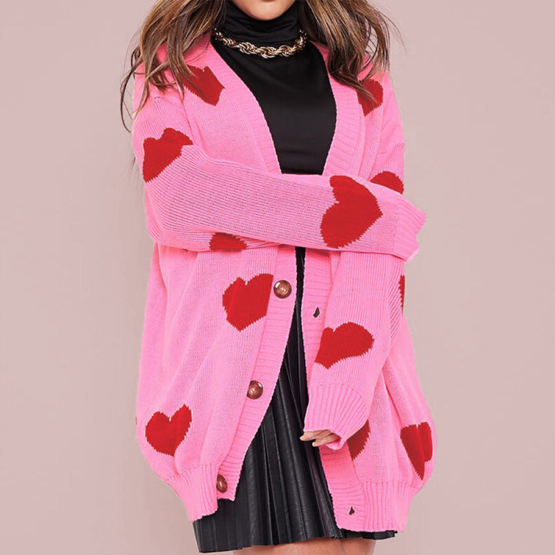 Love flower mid-length V-neck jacket loose casual knitted cardigan - Hiccupzz