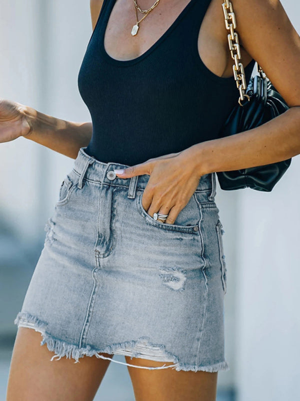 Women's New Casual Ripped Denim Skirt - Hiccupzz