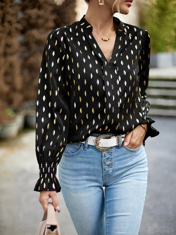 Women's v-neck bronzing polka dot long-sleeved shirt blouse - Hiccupzz