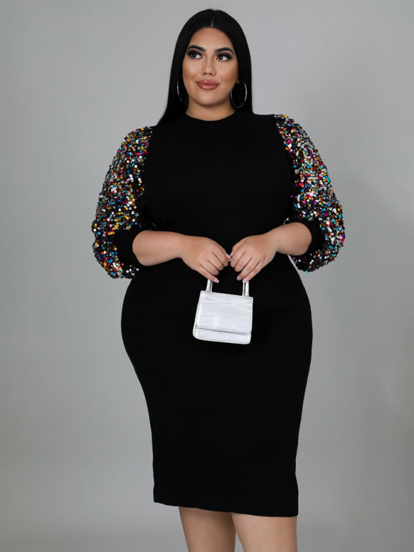 New Plus Size Ladies Sexy Solid Color Sequin Puff Sleeve Dress - Hiccupzz