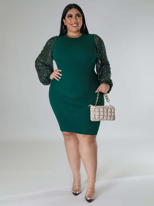 New Plus Size Ladies Sexy Solid Color Sequin Puff Sleeve Dress - Hiccupzz