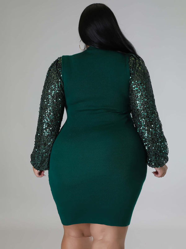 New Plus Size Ladies Sexy Solid Color Sequin Puff Sleeve Dress - Hiccupzz