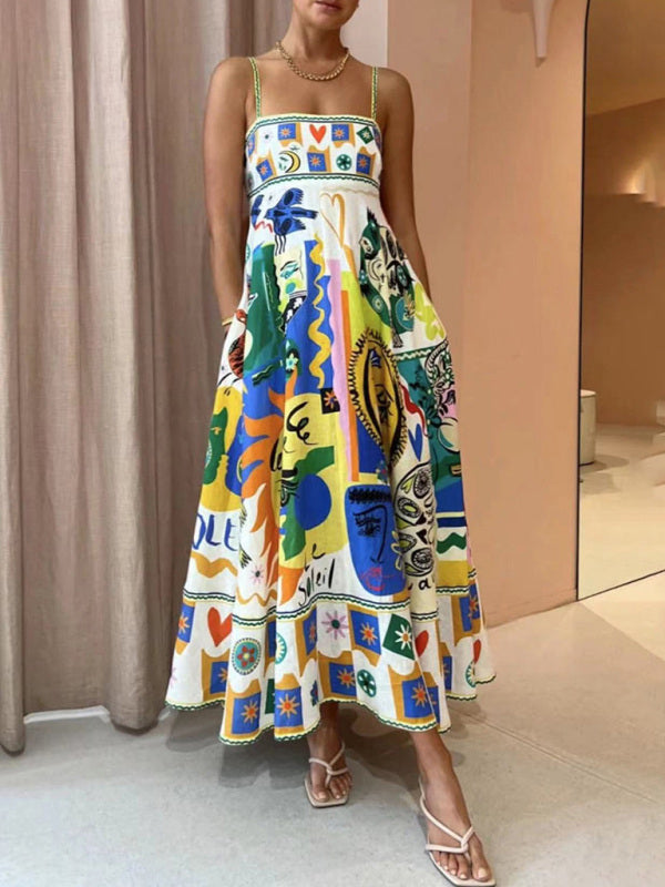 New square neck suspenders graffiti print seaside vacation style long dress - Hiccupzz