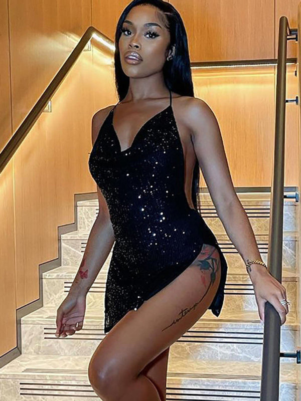 Sexy backless hollow halter neck figure-flattering short women's dress - Hiccupzz