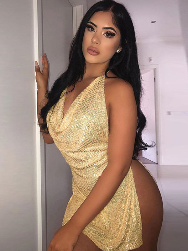 Sexy backless hollow halter neck figure-flattering short women's dress - Hiccupzz