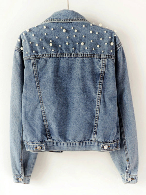 Women's heavy beaded loose denim jacket - Hiccupzz