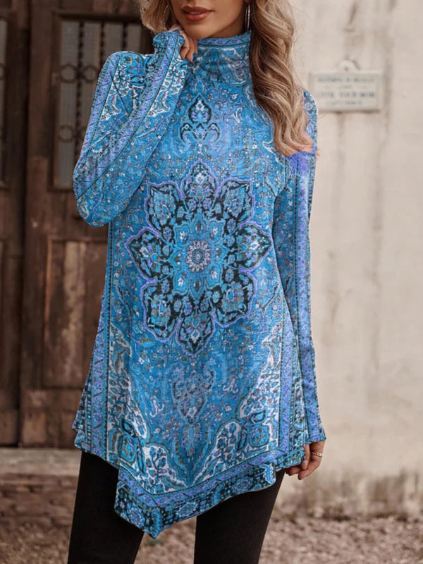 High collar bohemian print casual long sleeve T-shirt - Hiccupzz