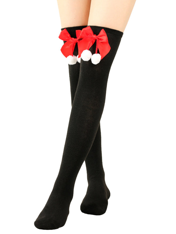 New bow Christmas socks ball socks over the knee socks women's long Christmas striped stockings - Hiccupzz