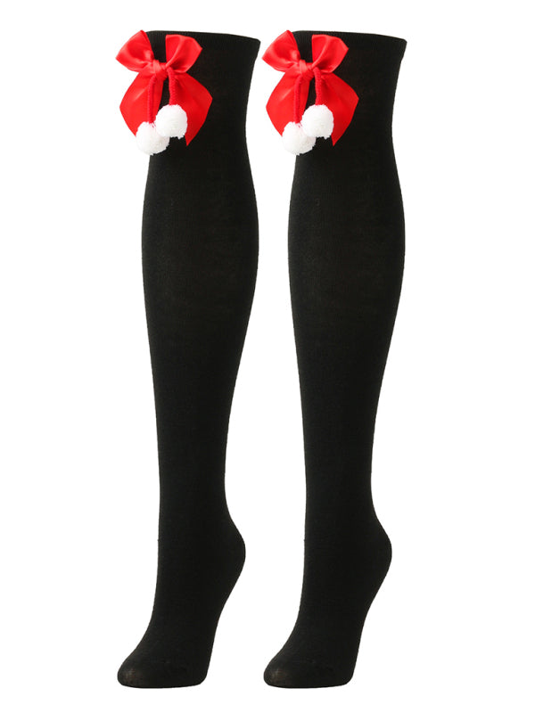 New bow Christmas socks ball socks over the knee socks women's long Christmas striped stockings - Hiccupzz