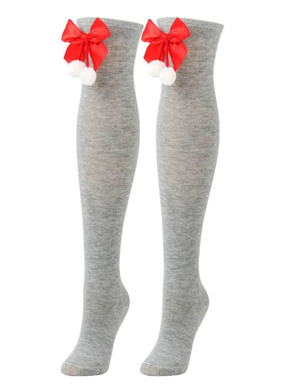 New bow Christmas socks ball socks over the knee socks women's long Christmas striped stockings - Hiccupzz