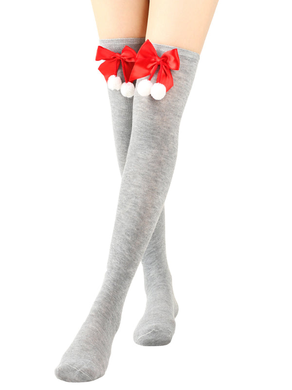 New bow Christmas socks ball socks over the knee socks women's long Christmas striped stockings - Hiccupzz