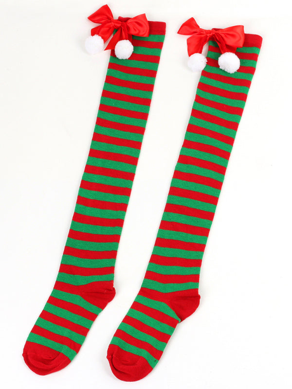 New bow Christmas socks ball socks over the knee socks women's long Christmas striped stockings - Hiccupzz