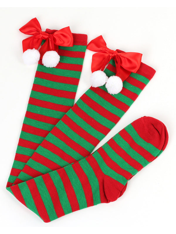 New bow Christmas socks ball socks over the knee socks women's long Christmas striped stockings - Hiccupzz