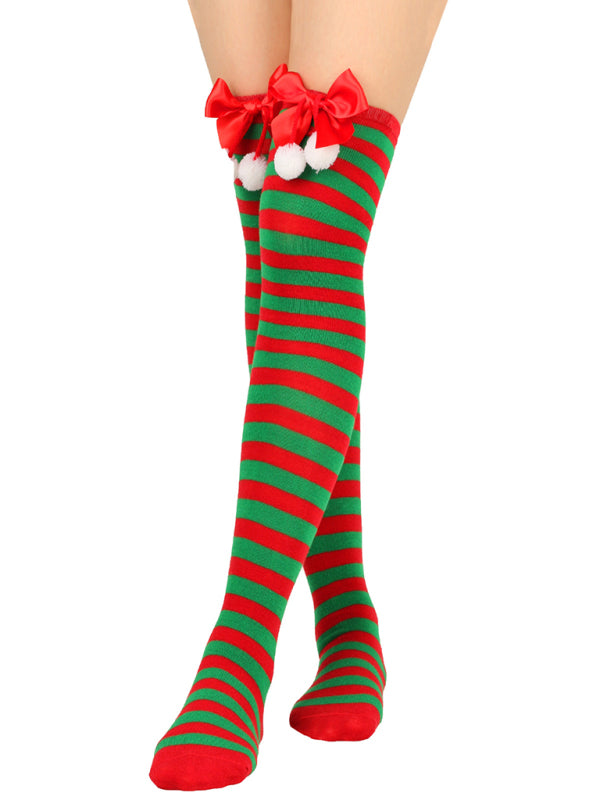 New bow Christmas socks ball socks over the knee socks women's long Christmas striped stockings - Hiccupzz