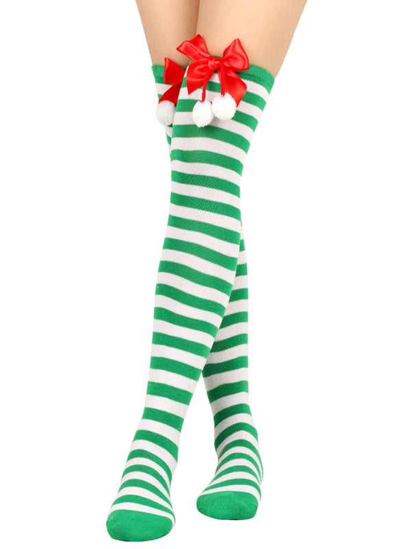 New bow Christmas socks ball socks over the knee socks women's long Christmas striped stockings - Hiccupzz