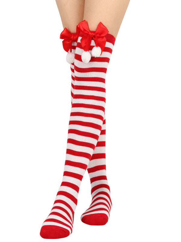 New bow Christmas socks ball socks over the knee socks women's long Christmas striped stockings - Hiccupzz