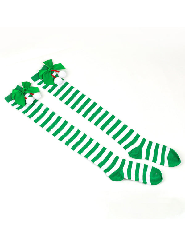 New bow Christmas socks ball socks over the knee socks women's long Christmas striped stockings - Hiccupzz
