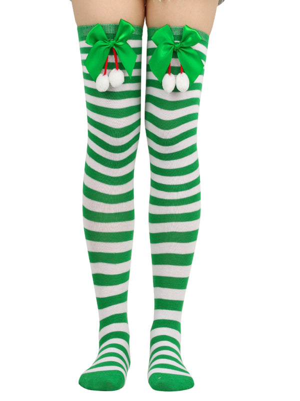 New bow Christmas socks ball socks over the knee socks women's long Christmas striped stockings - Hiccupzz