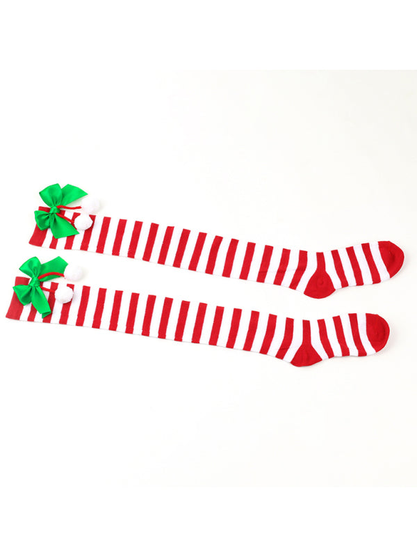 New bow Christmas socks ball socks over the knee socks women's long Christmas striped stockings - Hiccupzz