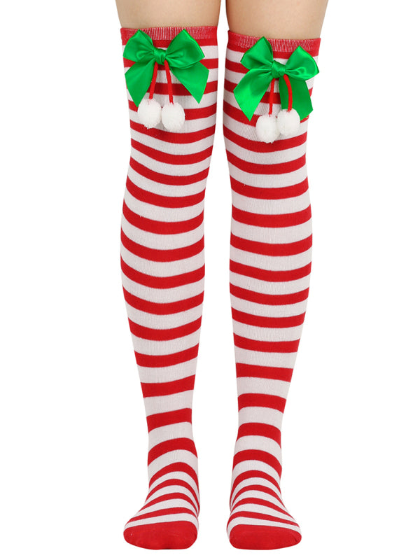 New bow Christmas socks ball socks over the knee socks women's long Christmas striped stockings - Hiccupzz