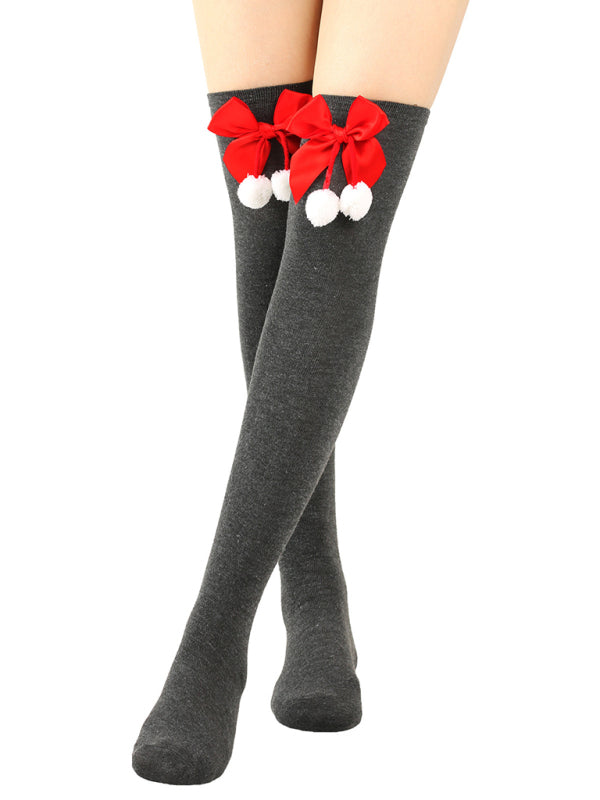 New bow Christmas socks ball socks over the knee socks women's long Christmas striped stockings - Hiccupzz