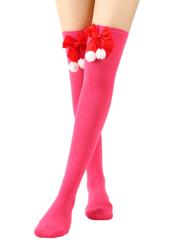 New bow Christmas socks ball socks over the knee socks women's long Christmas striped stockings - Hiccupzz