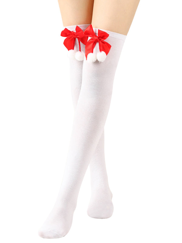 New bow Christmas socks ball socks over the knee socks women's long Christmas striped stockings - Hiccupzz