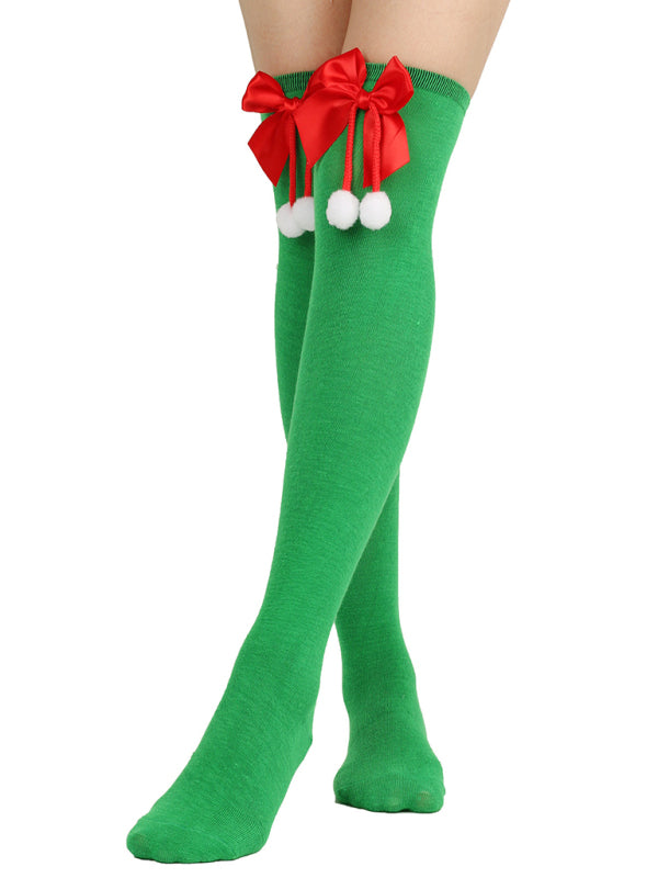 New bow Christmas socks ball socks over the knee socks women's long Christmas striped stockings - Hiccupzz