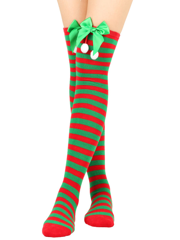 New bow Christmas socks ball socks over the knee socks women's long Christmas striped stockings - Hiccupzz