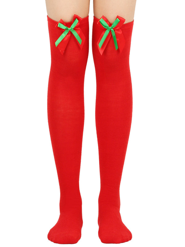 New bow Christmas socks ball socks over the knee socks women's long Christmas striped stockings - Hiccupzz