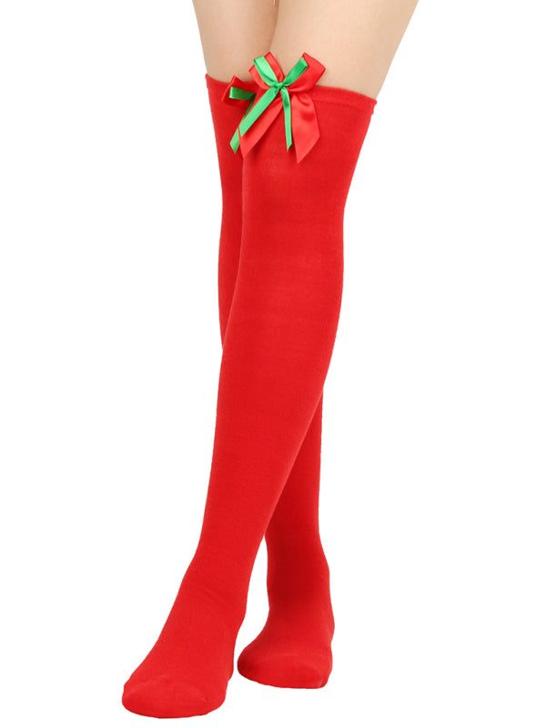 New bow Christmas socks ball socks over the knee socks women's long Christmas striped stockings - Hiccupzz