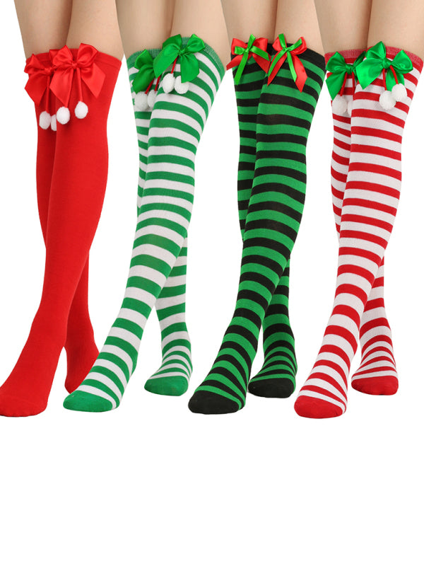New bow Christmas socks ball socks over the knee socks women's long Christmas striped stockings - Hiccupzz